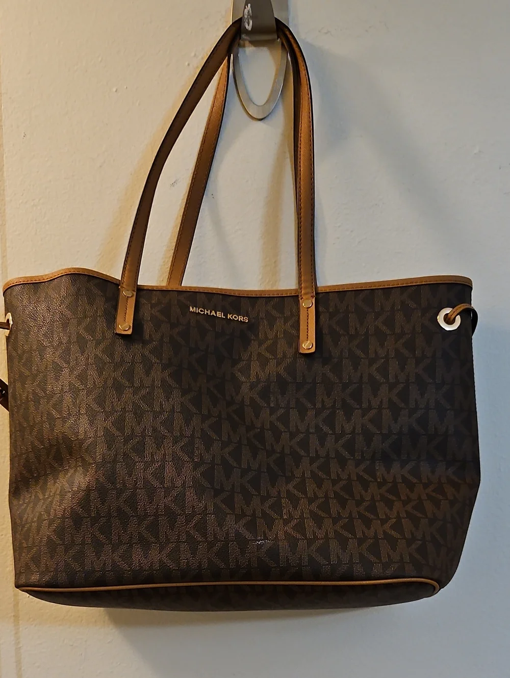 Michael Kors Dark Brown MK Signature Large Tote with Tan Trim